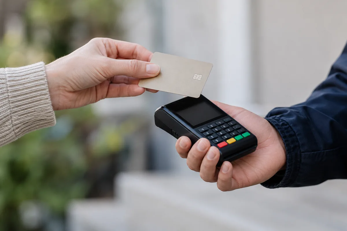 Kontaktlose Zahlung: Eine Hand hält eine neutrale Bankkarte über ein mobiles Kartenlesegerät in einer zweiten Hand mit dunkelblauem Arbeitsärmel