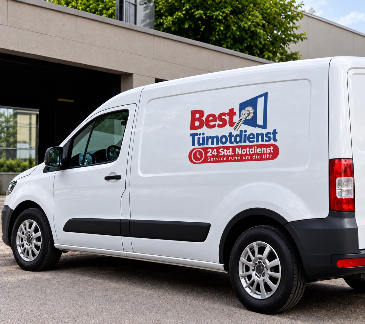 Weißer Transporter mit Best-Türnotdienst-Logo vor einem Gebäude