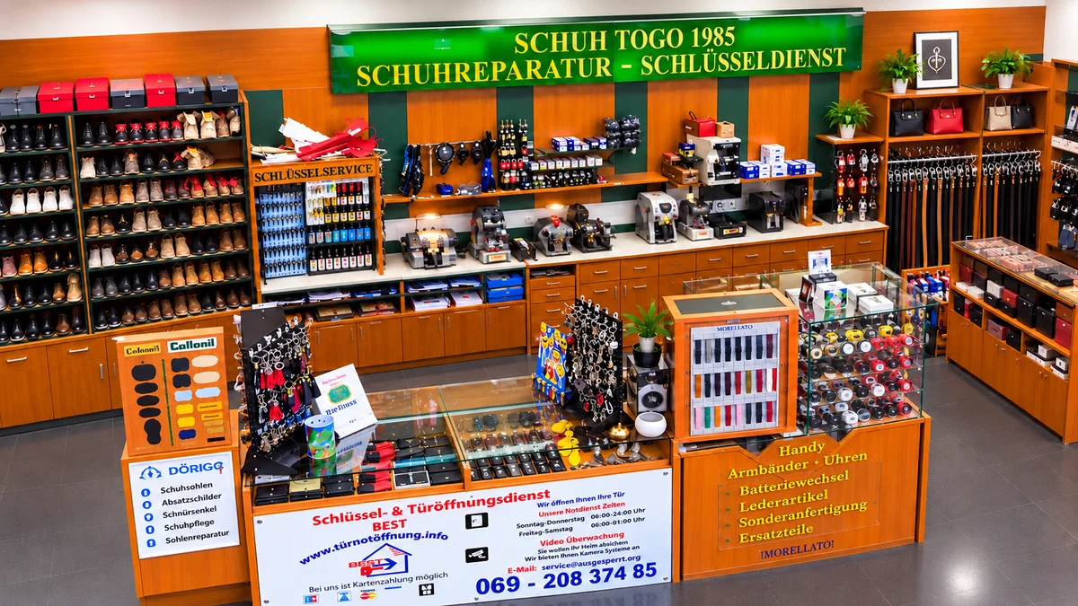 SCHUHTOGO im Ring Center: Ladentheke, Schlüsselservice, Schuhregale und Uhrenauslage